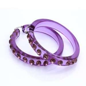  Large Purple Crystal Studded Lucite Hoop Earrings Jewelry