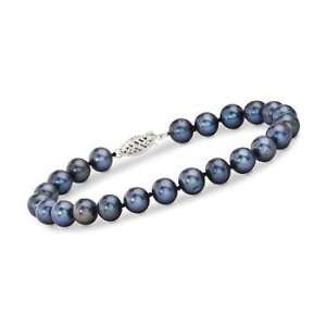  7 7.5mm Black Cultured Pearl Bracelet In 14kt White Gold 