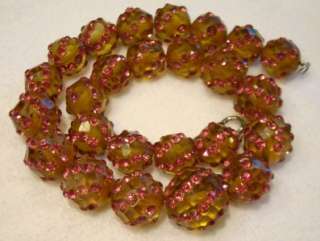   FACETED BAKELITE & RHINESTONE NECKLACE, TRANSPARENT APPLE JUICE  