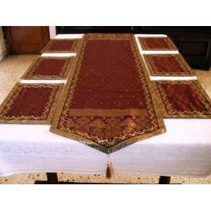  Brown Tablerunner and Placemats set Sari fabric with gold 