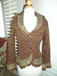 The Pyramid Collection Chic Brown Brocade Jacket w/Gold Lace Size 