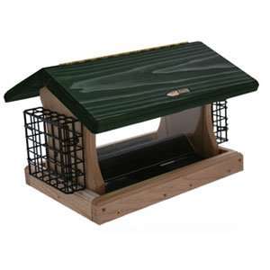   Cedar Wood Hopper Bird Feeder w/ 2 Suet Cages   Green Roof Sports