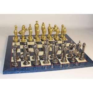   Metal Chess Set with Blue/Ivory Chess Board 