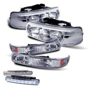   99 02 Chevy Silverado Chrome Head Lights + Bumper + 8 LED Fog Light