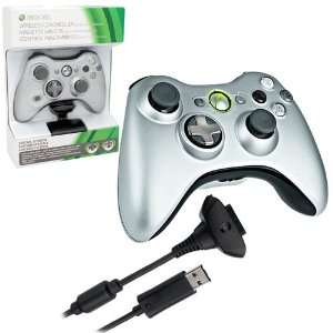 Xbox 360   Controller   Wireless   Play & Charge Kit Bundle   Silver 