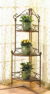 Corner Plant Stand or Curio Shelf Brown Metal & Wood  