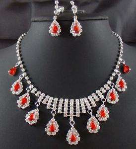   Bridal Ruby crystal necklace drop earring Sliver Jewelry set TL0365