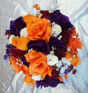 21pc Silk Wedding Flowers Bridal Round Bouquet Purple Orange Roses 
