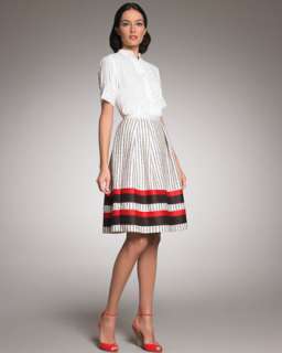 Contrast Trim Knit Blazer, Textured Bib Blouse, A Line Skirt 