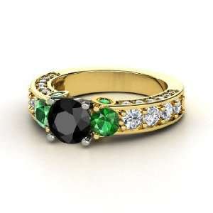 Rebecca Ring, Round Black Diamond 18K Yellow Gold Ring with Emerald 