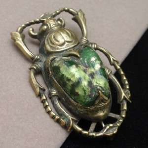 Beetle Pin Vintage Green Stone Insect Scarab Brooch Art Nouveau  