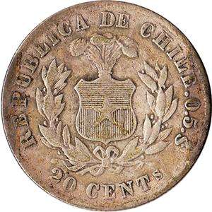 1881 Chile 20 Centavos Silver Coin KM#138.2  