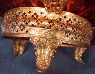 Pierced Brass & Ruby Ribbed Glass Bowl Handled Basket  