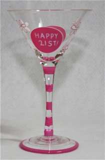 21st Birthday Martini Glass with Pink Striped Stem 098111891808  