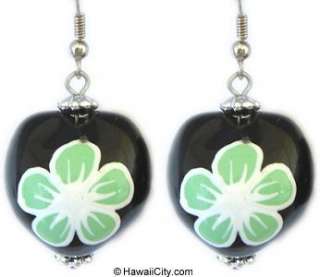 Hawaiian Jewelry Green Flower Kukui Nut Hawaii Earrings  