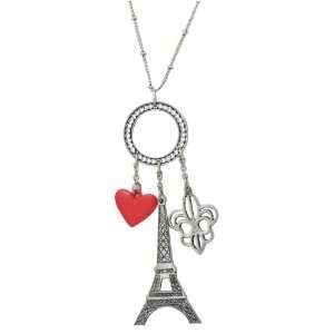   Eiffel Tower, Fleur De Lis & Red Heart Charms LONG 27 Necklace by