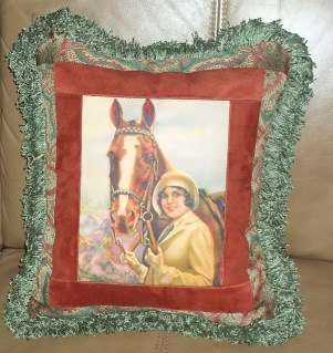 Equestrian Woman & Horse Vintage Print Pillow New  