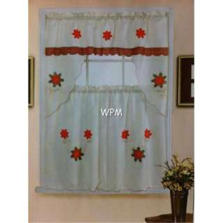 piece Kitchen Curtain set/red & green embroidered flower Tier & Swag 