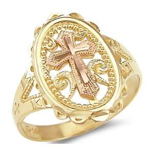     12   14k Yellow and Rose Two Tone Gold Crucifix Cross Ring Jewelry