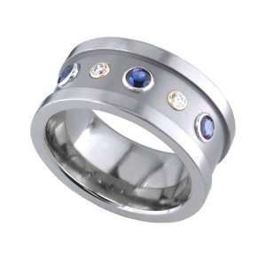   Stylish Sapphire and Diamond Titanium Ring with Gold Collets Size12.25