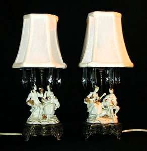 Pair Antique Figural Porcelain Lamps with Glass Prisms Gilt Brass 