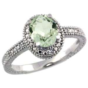 Sterling Silver Vintage Style Oval Green Amethyst Stone Ring w/ 0.04 