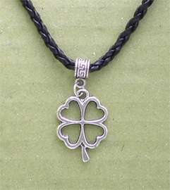 Shamrock 4 Leaf Clover Pendant Black Leather Necklace  
