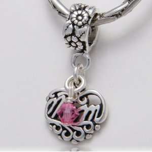  Mom Filigree Heart with Pink Crystal Sterling Silver 