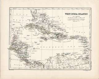 Beautiful 1877 Antique Map the West Indies by Johnston  