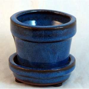  Mini Ceramic Pot + Saucer   2 3/4 x 2 1/4   Blue Patio 