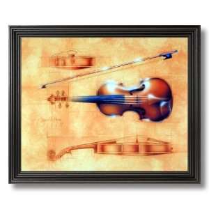 Old Wood Fiddle Violin And Bow Contemporary Music Picture Black Framed 