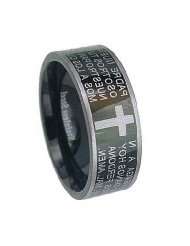 8MM Black Stainless Steel Ring With Silver Colored Cross and Spanish 