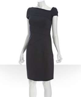 Donna Morgan navy ponte knit seamed asymmetrical neck dress   