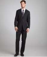 Valentino navy double striped wool 2 button suit with flat front pants 