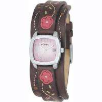  Fossil Ladies Vintage Brown Leather Strap Red Pink Rose Flower Watch 