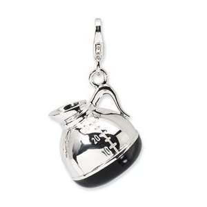   Sterling Silver 3 D Enameled Coffee Pot W/Lobster Clasp Charm Jewelry