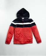 KIDS red colorblock cotton blend zip front hooded jacket style 