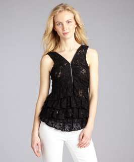 robbi & nikki black lace zip front ruffled sleeveless blouse