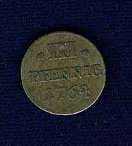 GERMAN STATES SAXONY ALBERTINE  1764 F  3 PFENNIG COIN, VF/XF