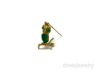 Estate 14K Gold Emerald Owl Pin Brooch NR  