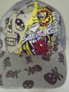 TATTOO STYLE TRUCKER SKULL SILVER TIGER SNAP BACK HAT  