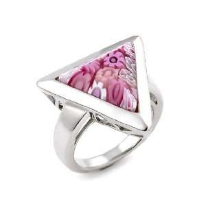 Millefiori Murano Glass Pink Bevel Cut Triangle Ring, Size 