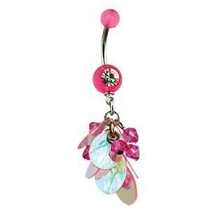    Pink jeweled navel ring with pink bead and jeweled dangle Jewelry