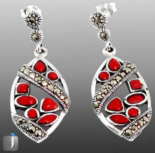 MARCASITE RED CORAL 925 STERLING SILVER DANGLING ARTISAN EARRINGS 1 3 
