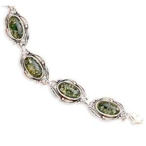   Silver 7.5 Green Amber Link Bracelet with Leaf Design Jewelry