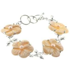  Flower Shaped Beige Abalone Shell Bracelet w/ Faux Pearls 