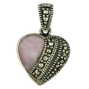 Sterling Silver Pink Mother of Pearl Heart with Marcasite Pave Pendant