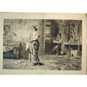   1875 Antique Print Woman Feeding Pigeons Man Sleeping