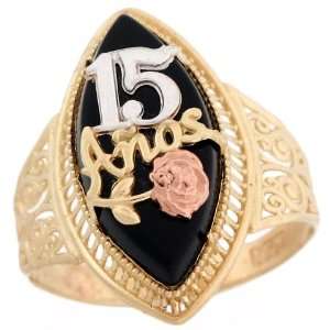   Two Tone Gold Quinceanera 15 Anos Rose Gold Flower Filigree Onyx Ring
