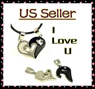 Black Stainless Steel I Love You Heart Couple Pendant + Necklace 